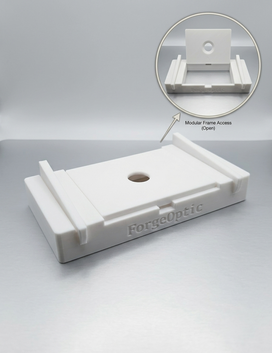 A white 3D-printed modular frame for corneal suture practice, shown on a gray studio background with a circular inset demonstrating how to open the frame. The brand name 'ForgeOptic' is embossed on the side.